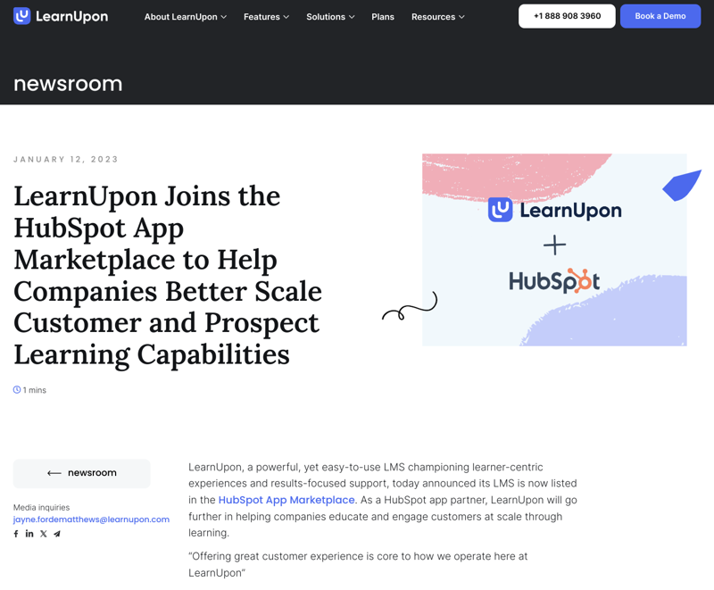 LearnUpon HubSpot App Marketplace listing launch post